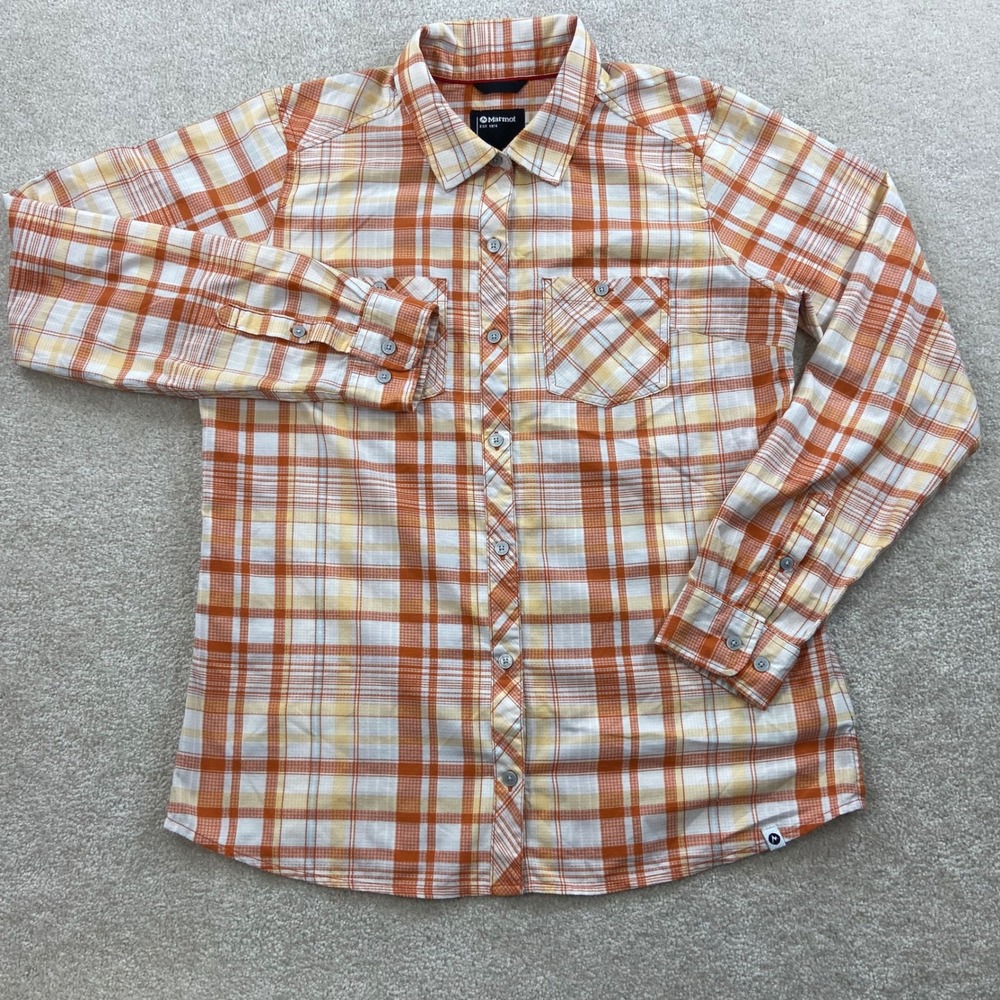 Marmot Plaid Button Down Shirt Womens L Orange Yellow Hiking Outdoor Top - Picture 2 of 14